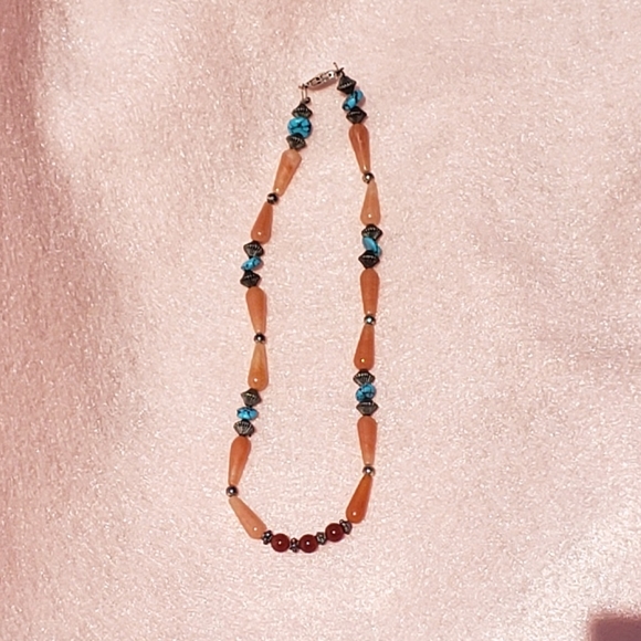Turquoise, Sterling Silver, Carnilian & Aventurine Gemstone Necklace - Picture 2 of 2